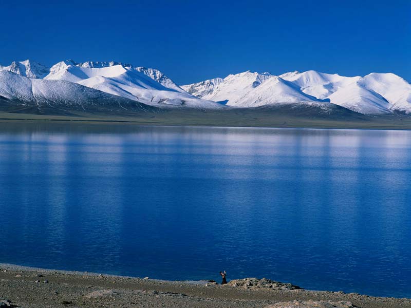 Jezero Qinghai a zasněžené vrcholky hor